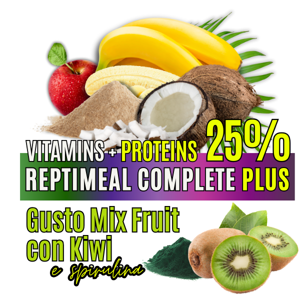 ReptiMeal Complete PLUS: VITAMINS + PROTEINS 25% – MixFruit con Kiwi e Spirulina