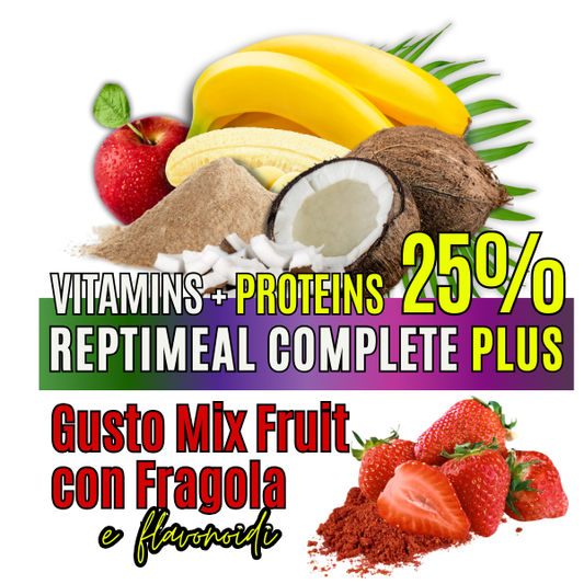 ReptiMeal Complete PLUS: VITAMINS + PROTEINS 25% – MixFruit con Fragola e Flavonoidi