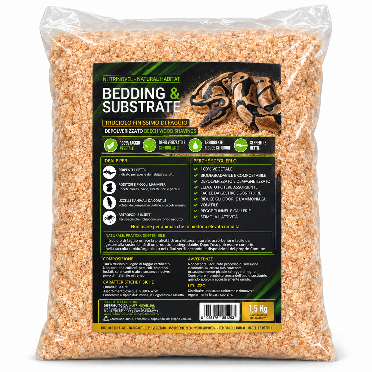 BEDDING &; SUBSTRATE – Truciolo Finissimo di Faggio per Serpenti e Rettili | NUTRINOVEL NATURAL HABITAT Il Fondo Naturale Depolverizzato: Igiene Costante, Zero Polveri e
